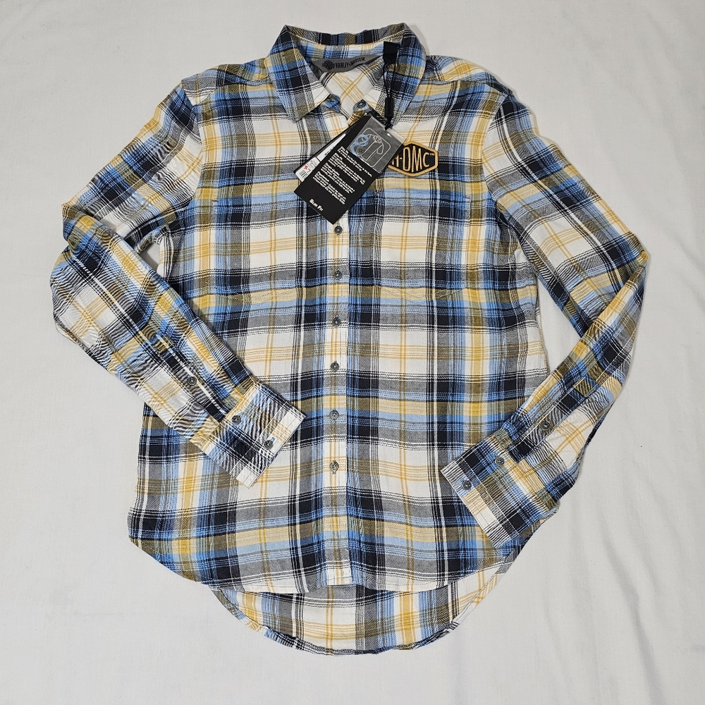 Harley-Davidson Women’s Slim Fit Plaid Button-Up Shirt XS NWT Blue Yellow Gray